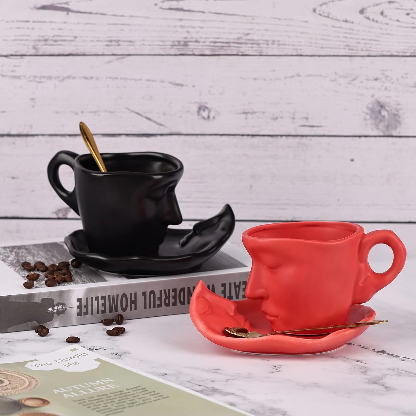 Tea Cup and Saucer Set Ceramic Kissing Couple Coffee Mug Set